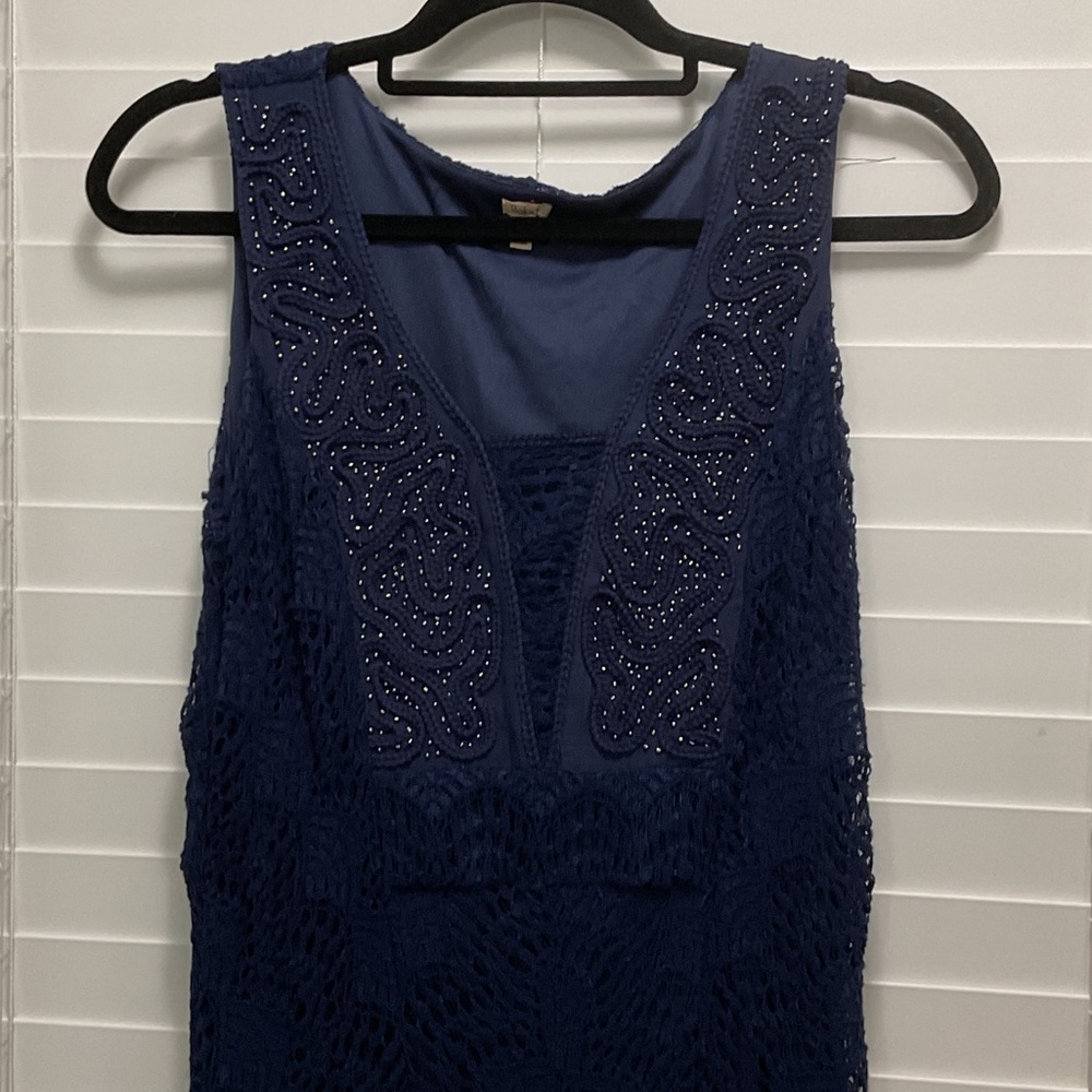 Reba Navy Blue Beaded Sleeveless Crochet Midi Dress with ruffled hem.